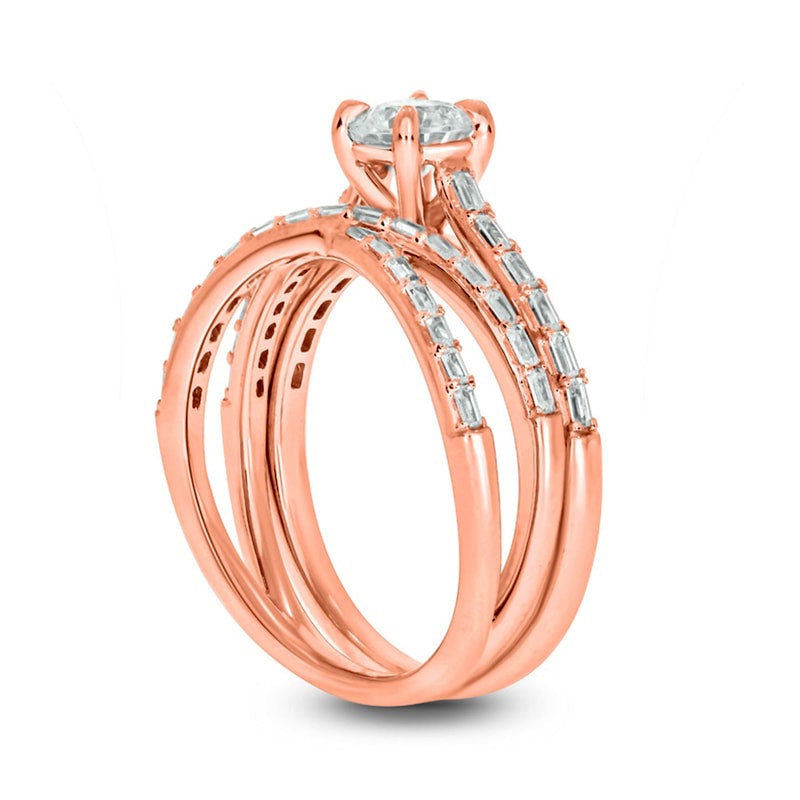 0.75 CT. T.W. Baguette and Round Natural Diamond Crossover Bridal Engagement Ring Set in Solid 10K Rose Gold