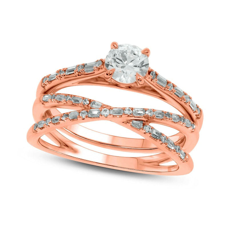 0.75 CT. T.W. Baguette and Round Natural Diamond Alternating Crossover Bridal Engagement Ring Set in Solid 10K Rose Gold