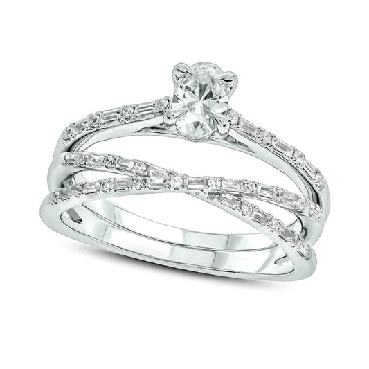 0.75 CT. T.W. Oval Natural Diamond Alternating Crossover Bridal Engagement Ring Set in Solid 10K White Gold