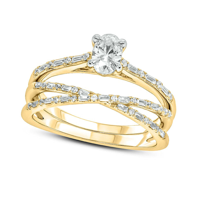 0.75 CT. T.W. Oval Natural Diamond Alternating Crossover Bridal Engagement Ring Set in Solid 10K Yellow Gold