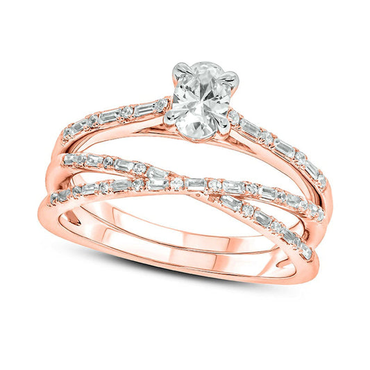 0.75 CT. T.W. Oval Natural Diamond Alternating Crossover Bridal Engagement Ring Set in Solid 10K Rose Gold