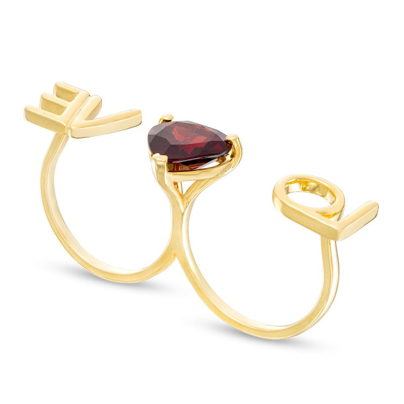 10.0mm Heart-Shaped Garnet LOVE" Script Ring in Sterling Silver with Solid 14K Gold Plate"