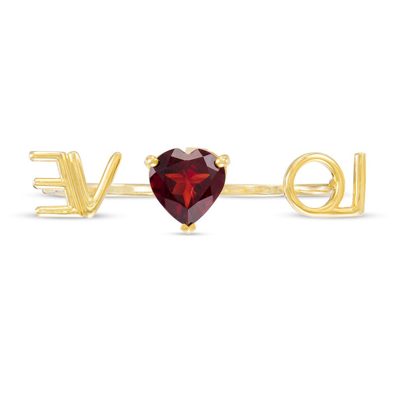 10.0mm Heart-Shaped Garnet LOVE" Script Ring in Sterling Silver with Solid 14K Gold Plate"
