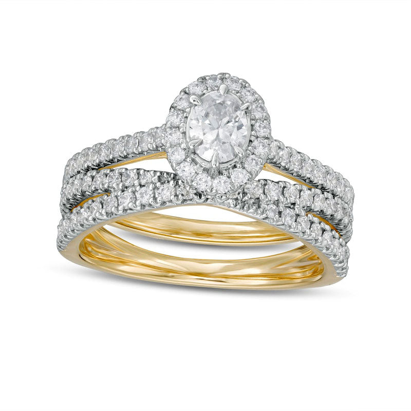 1.0 CT. T.W. Oval Natural Diamond Frame Crossover Bridal Engagement Ring Set in Solid 14K Gold