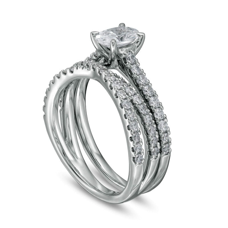 1.5 CT. T.W. Oval Natural Diamond Multi-Row Crossover Bridal Engagement Ring Set in Solid 14K White Gold