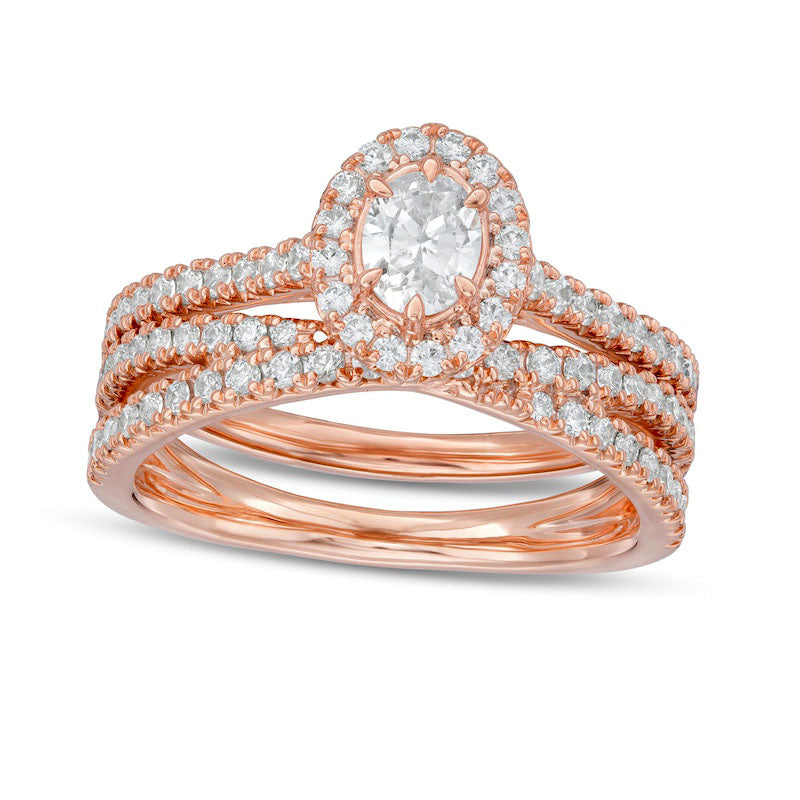 1.0 CT. T.W. Oval Natural Diamond Frame Crossover Bridal Engagement Ring Set in Solid 14K Rose Gold