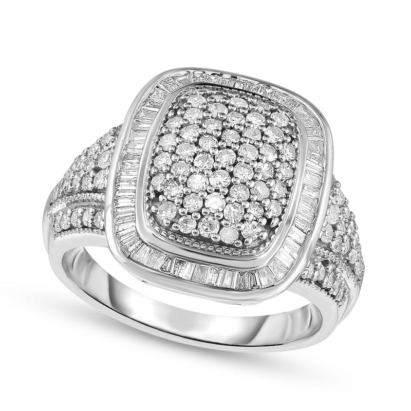 1.0 CT. T.W. Baguette and Round Composite Natural Diamond Cushion Frame Ring in Sterling Silver