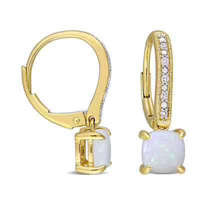 6.0mm Cushion-Cut Opal and 0.05 CT. T.W. Diamond Vintage-Style Drop Earrings in 10K Gold