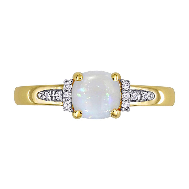 6.0mm Cushion-Cut Opal and 0.05 CT. T.W. Natural Diamond Collar Promise Ring in Solid 10K Yellow Gold