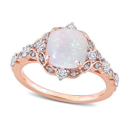 8.0mm Cushion-Cut Opal, White Sapphire and 0.05 CT. T.W. Natural Diamond Ornate Frame Antique Vintage-Style Ring in Solid 10K Rose Gold