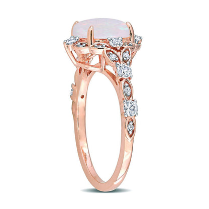 8.0mm Cushion-Cut Opal, White Sapphire and 0.05 CT. T.W. Natural Diamond Ornate Frame Antique Vintage-Style Ring in Solid 10K Rose Gold