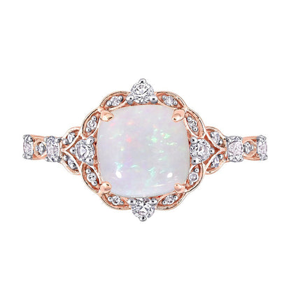 8.0mm Cushion-Cut Opal, White Sapphire and 0.05 CT. T.W. Natural Diamond Ornate Frame Antique Vintage-Style Ring in Solid 10K Rose Gold