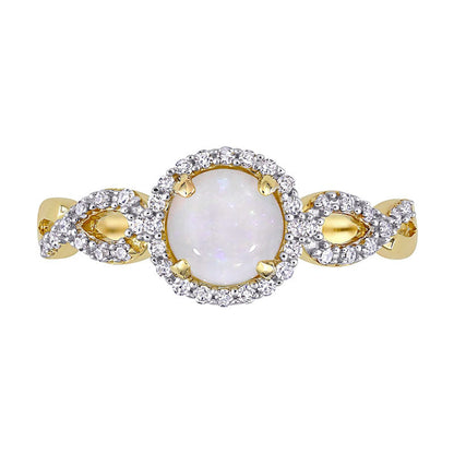 6.0mm Opal and 0.17 CT. T.W. Natural Diamond Frame Infinity Shank Promise Ring in Solid 10K Yellow Gold
