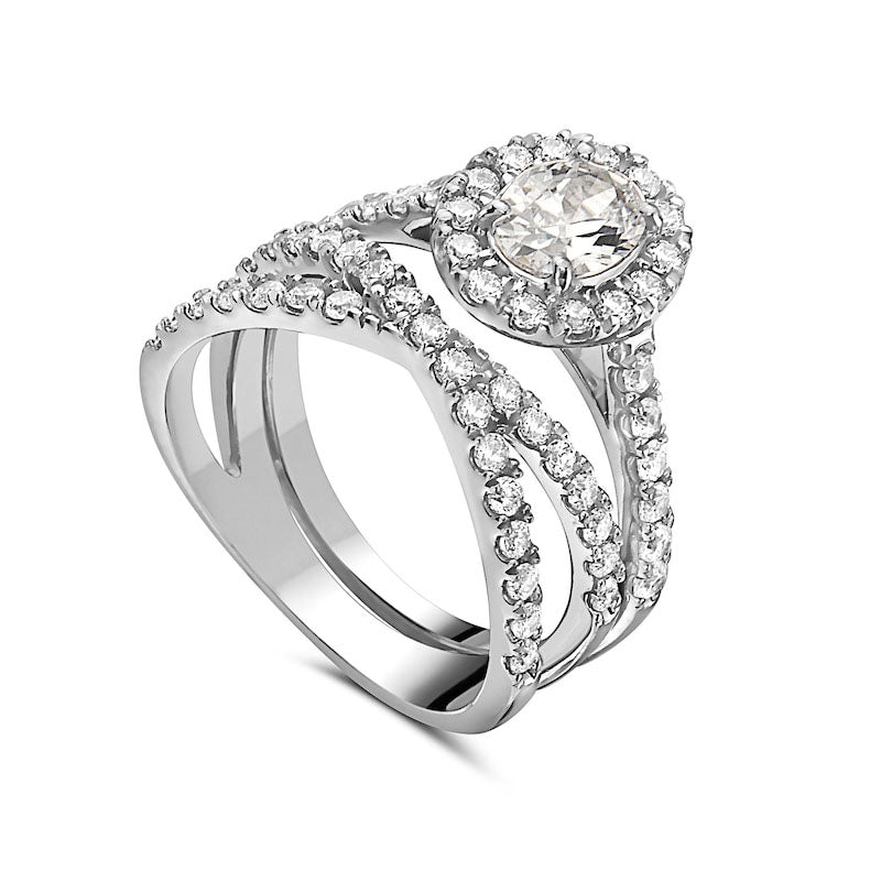 2.25 CT. T.W. Oval Natural Diamond Frame Criss-Cross Bridal Engagement Ring Set in Solid 14K White Gold
