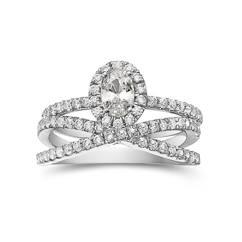 1.33 CT. T.W. Oval Natural Diamond Frame Criss-Cross Bridal Engagement Ring Set in Solid 14K White Gold