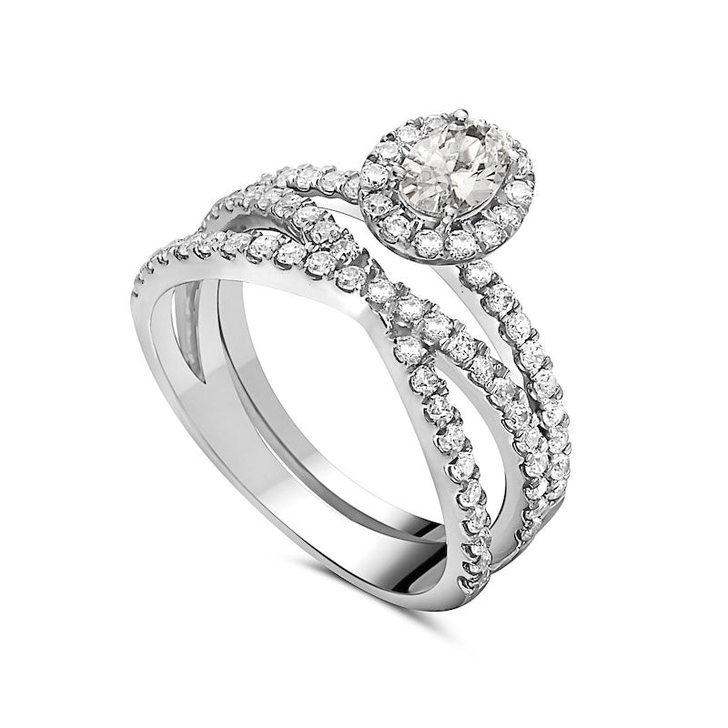 1.33 CT. T.W. Oval Natural Diamond Frame Criss-Cross Bridal Engagement Ring Set in Solid 14K White Gold