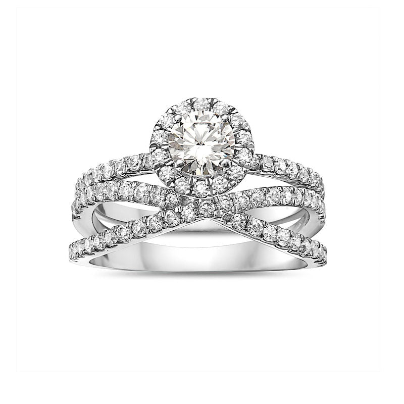 1.33 CT. T.W. Natural Diamond Frame Criss-Cross Bridal Engagement Ring Set in Solid 14K White Gold