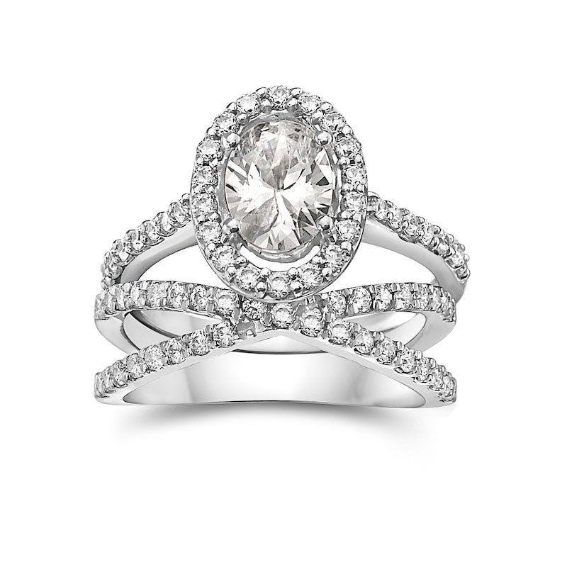 1.75 CT. T.W. Oval Natural Diamond Frame Criss-Cross Bridal Engagement Ring Set in Solid 14K White Gold