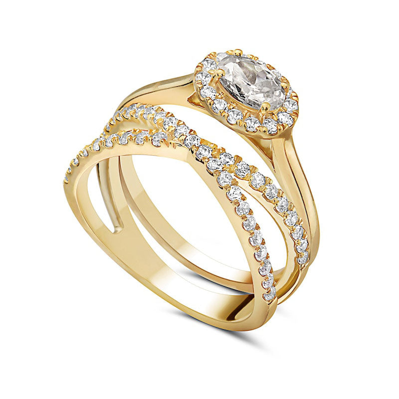 1.0 CT. T.W. Oval Natural Diamond Sideways Frame Criss-Cross Bridal Engagement Ring Set in Solid 14K Gold