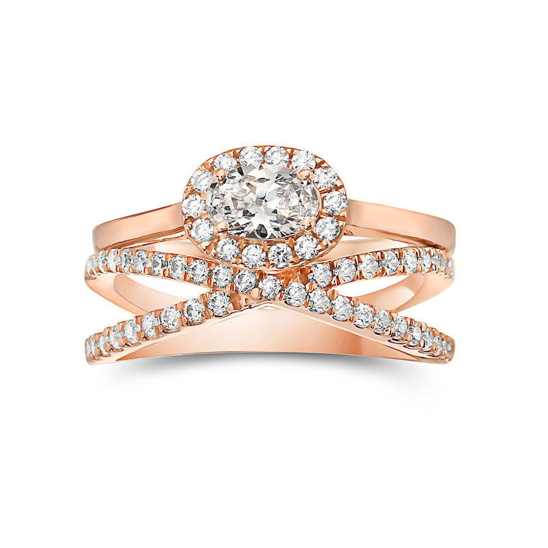 1.0 CT. T.W. Oval Natural Diamond Sideways Frame Criss-Cross Bridal Engagement Ring Set in Solid 14K Rose Gold
