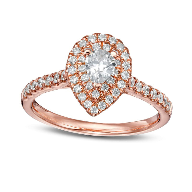 0.88 CT. T.W. Pear-Shaped Natural Diamond Double Frame Engagement Ring in Solid 10K Rose Gold