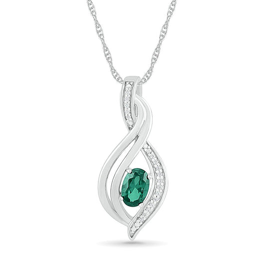 Oval Lab-Created Emerald and 0.05 CT. T.W. Diamond Flame Drop Pendant in Sterling Silver