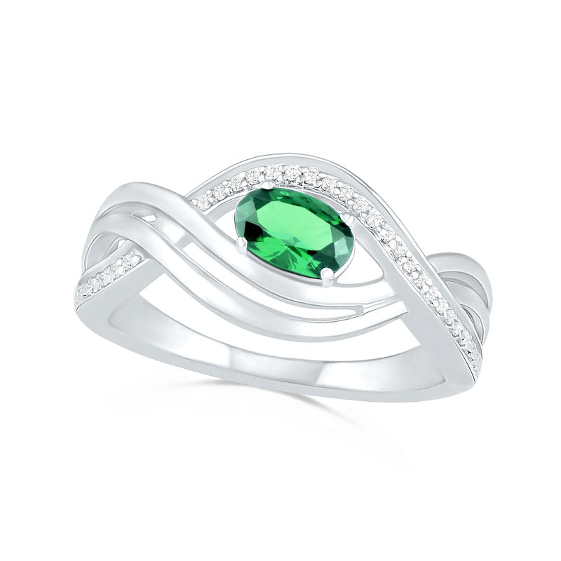 Sideways Oval Lab-Created Emerald and 0.07 CT. T.W. Diamond Multi-Row Bypass Split Shank Ring in Sterling Silver
