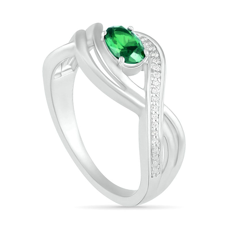 Sideways Oval Lab-Created Emerald and 0.07 CT. T.W. Diamond Multi-Row Bypass Split Shank Ring in Sterling Silver