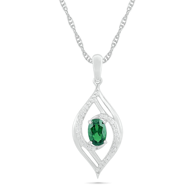 Oval Lab-Created Emerald and 0.07 CT. T.W. Diamond Bypass Flame Pendant in Sterling Silver