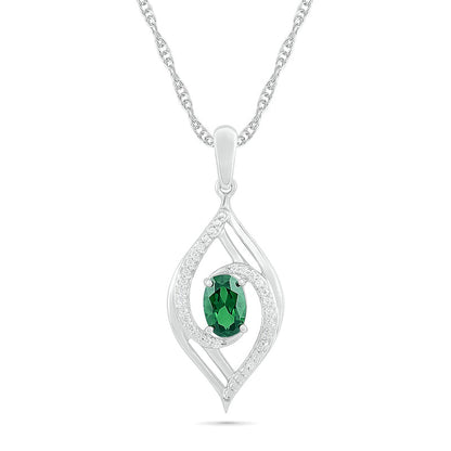 Oval Lab-Created Emerald and 0.07 CT. T.W. Diamond Bypass Flame Pendant in Sterling Silver