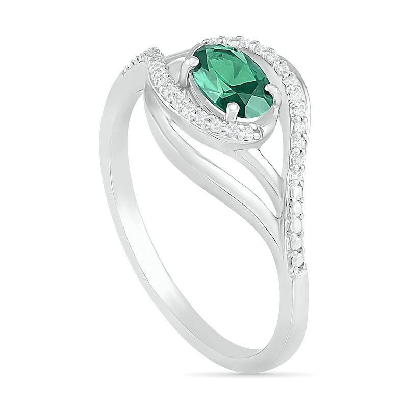 Sideways Oval Lab-Created Emerald and 0.07 CT. T.W. Diamond Layered Multi-Row Split Shank Ring in Sterling Silver