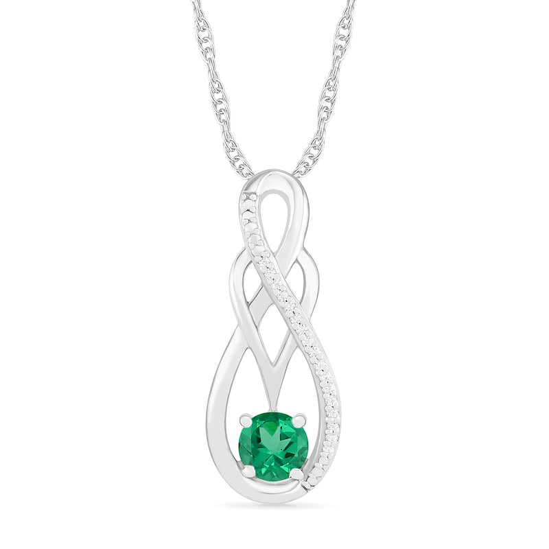 5.0mm Lab-Created Emerald and 0.05 CT. T.W. Diamond Braid Infinity Pendant in Sterling Silver