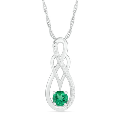 5.0mm Lab-Created Emerald and 0.05 CT. T.W. Diamond Braid Infinity Pendant in Sterling Silver