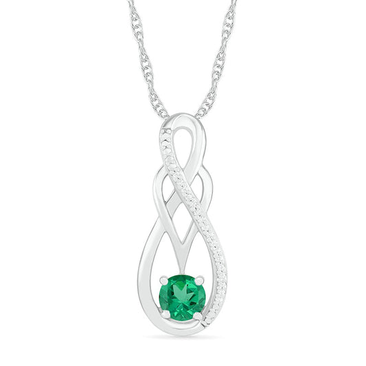 5.0mm Lab-Created Emerald and 0.05 CT. T.W. Diamond Braid Infinity Pendant in Sterling Silver