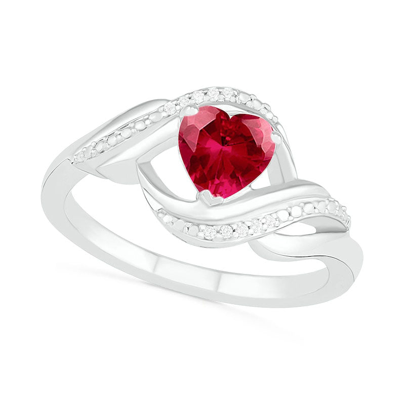 Heart-Shaped Lab-Created Ruby and Diamond Accent Ribbon Ring in Sterling Silver
