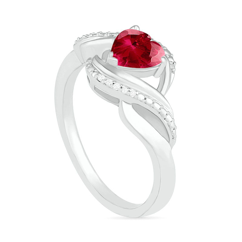 Heart-Shaped Lab-Created Ruby and Diamond Accent Ribbon Ring in Sterling Silver