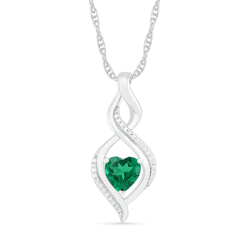Heart-Shaped Lab-Created Emerald and Diamond Accent Infinity Flame Pendant in Sterling Silver