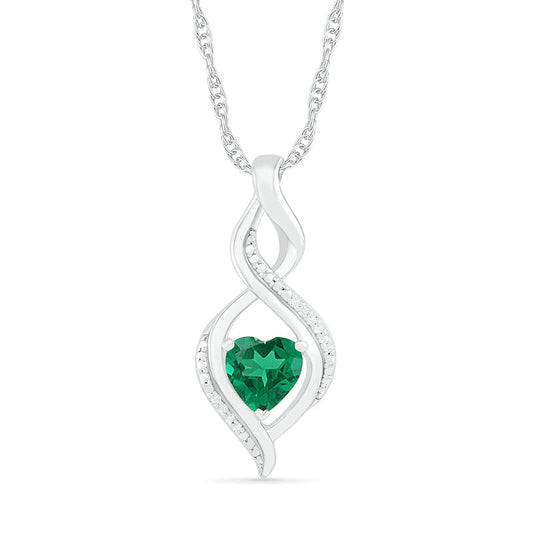 Heart-Shaped Lab-Created Emerald and Diamond Accent Infinity Flame Pendant in Sterling Silver