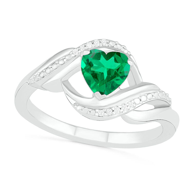 Heart-Shaped Lab-Created Emerald and Diamond Accent Ribbon Ring in Sterling Silver