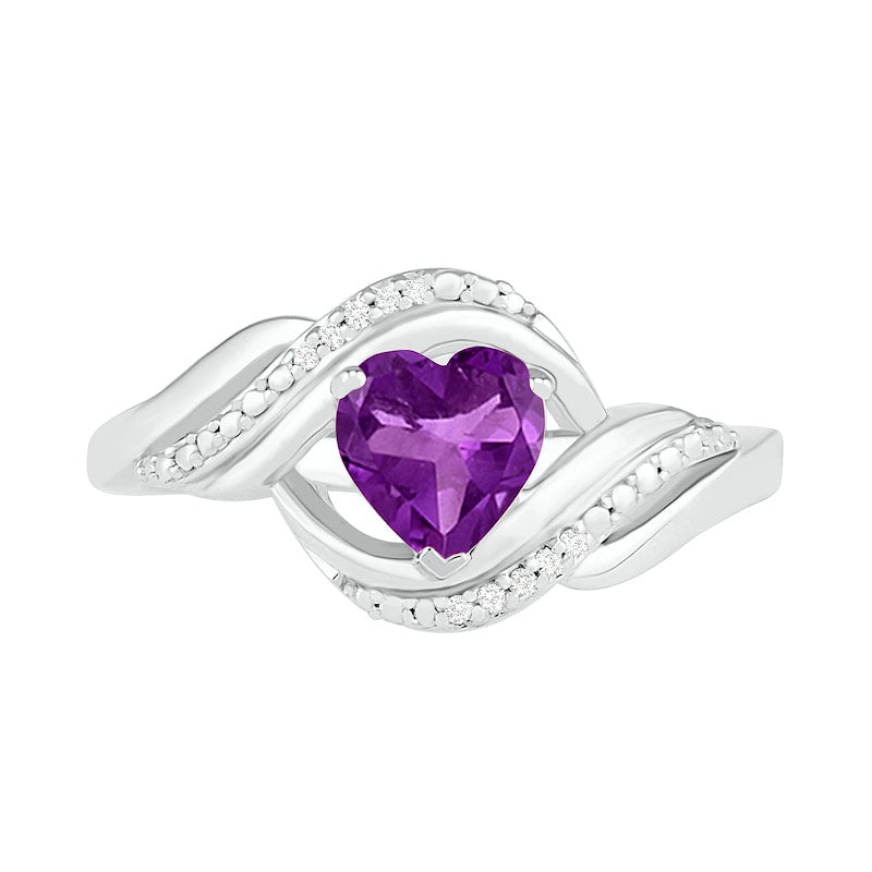 Heart-Shaped Amethyst and Natural Diamond Accent Ribbon Ring in Sterling Silver