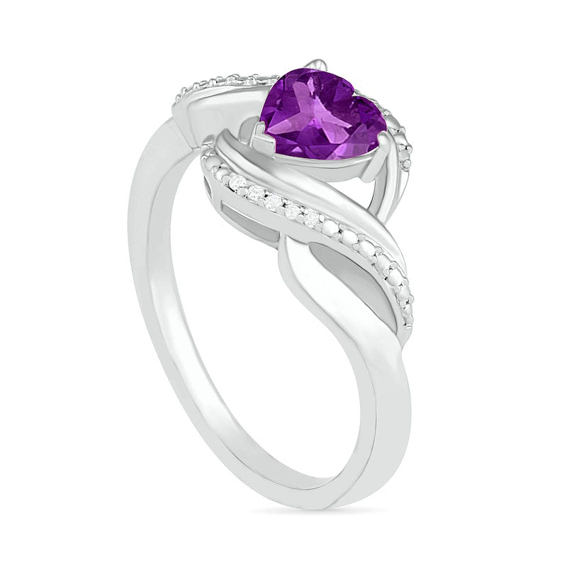 Heart-Shaped Amethyst and Natural Diamond Accent Ribbon Ring in Sterling Silver