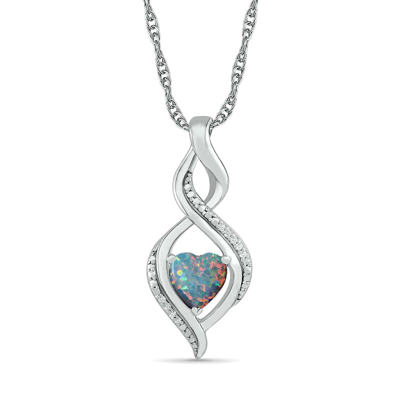 Heart-Shaped Lab-Created Opal and Diamond Accent Infinity Flame Pendant in Sterling Silver