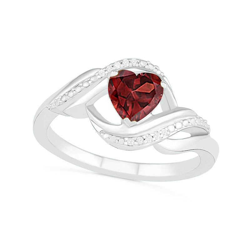 Heart-Shaped Garnet and Natural Diamond Accent Ribbon Ring in Sterling Silver