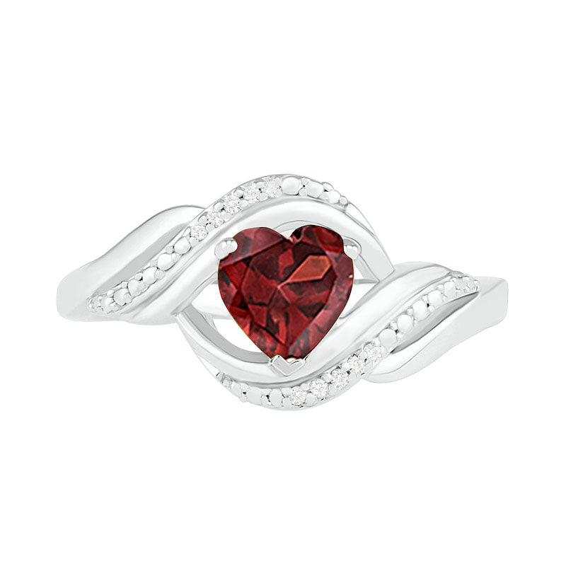 Heart-Shaped Garnet and Natural Diamond Accent Ribbon Ring in Sterling Silver