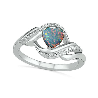 Heart-Shaped Lab-Created Opal and Diamond Accent Ribbon Ring in Sterling Silver