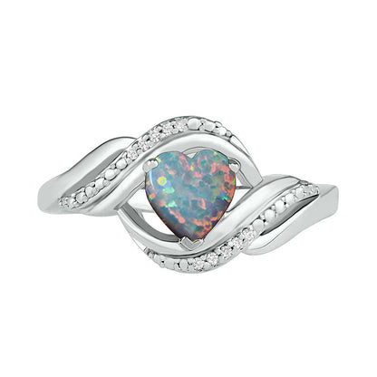 Heart-Shaped Lab-Created Opal and Diamond Accent Ribbon Ring in Sterling Silver