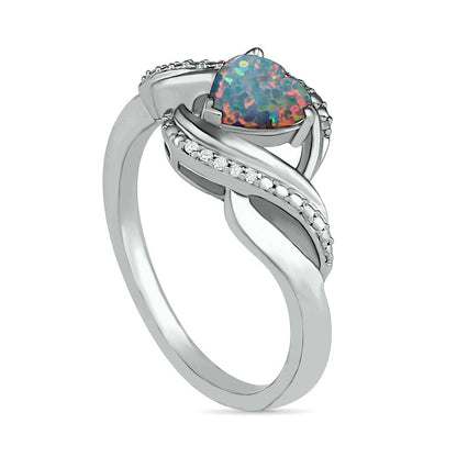 Heart-Shaped Lab-Created Opal and Diamond Accent Ribbon Ring in Sterling Silver