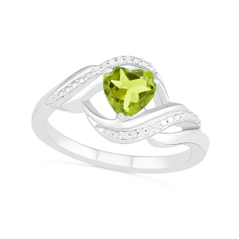 Heart-Shaped Peridot and Natural Diamond Accent Ribbon Ring in Sterling Silver