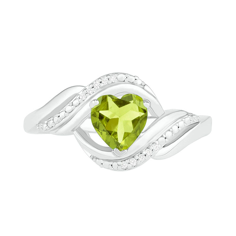 Heart-Shaped Peridot and Natural Diamond Accent Ribbon Ring in Sterling Silver