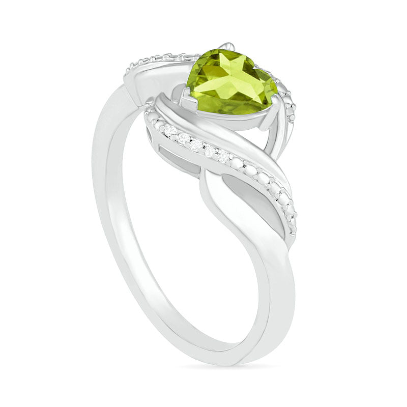 Heart-Shaped Peridot and Natural Diamond Accent Ribbon Ring in Sterling Silver